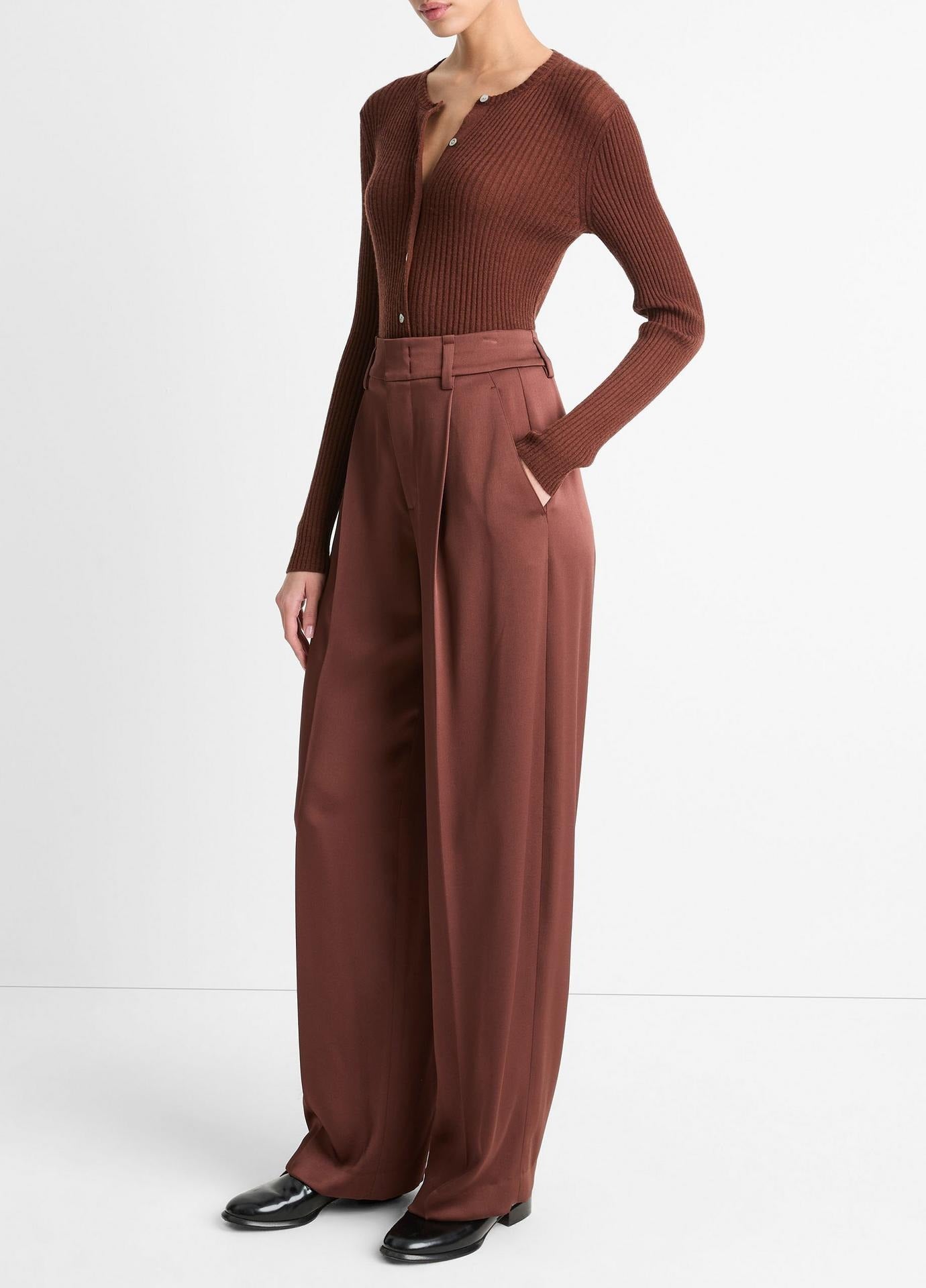 Vince High-Waist Fluid Satin Wide-Leg Trouser in Dark Rosewood