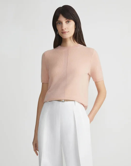 Lafayette 148 Intarsia Crewneck Short Sleeve Sweater in Buff Pink