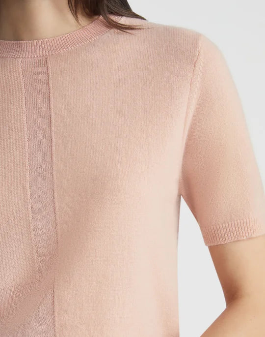 Lafayette 148 Intarsia Crewneck Short Sleeve Sweater in Buff Pink