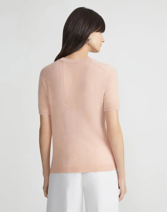 Lafayette 148 Intarsia Crewneck Short Sleeve Sweater in Buff Pink