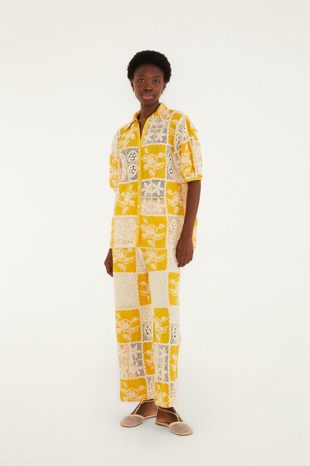 Farm Rio Lace Short Sleeve Shirt in Off-White