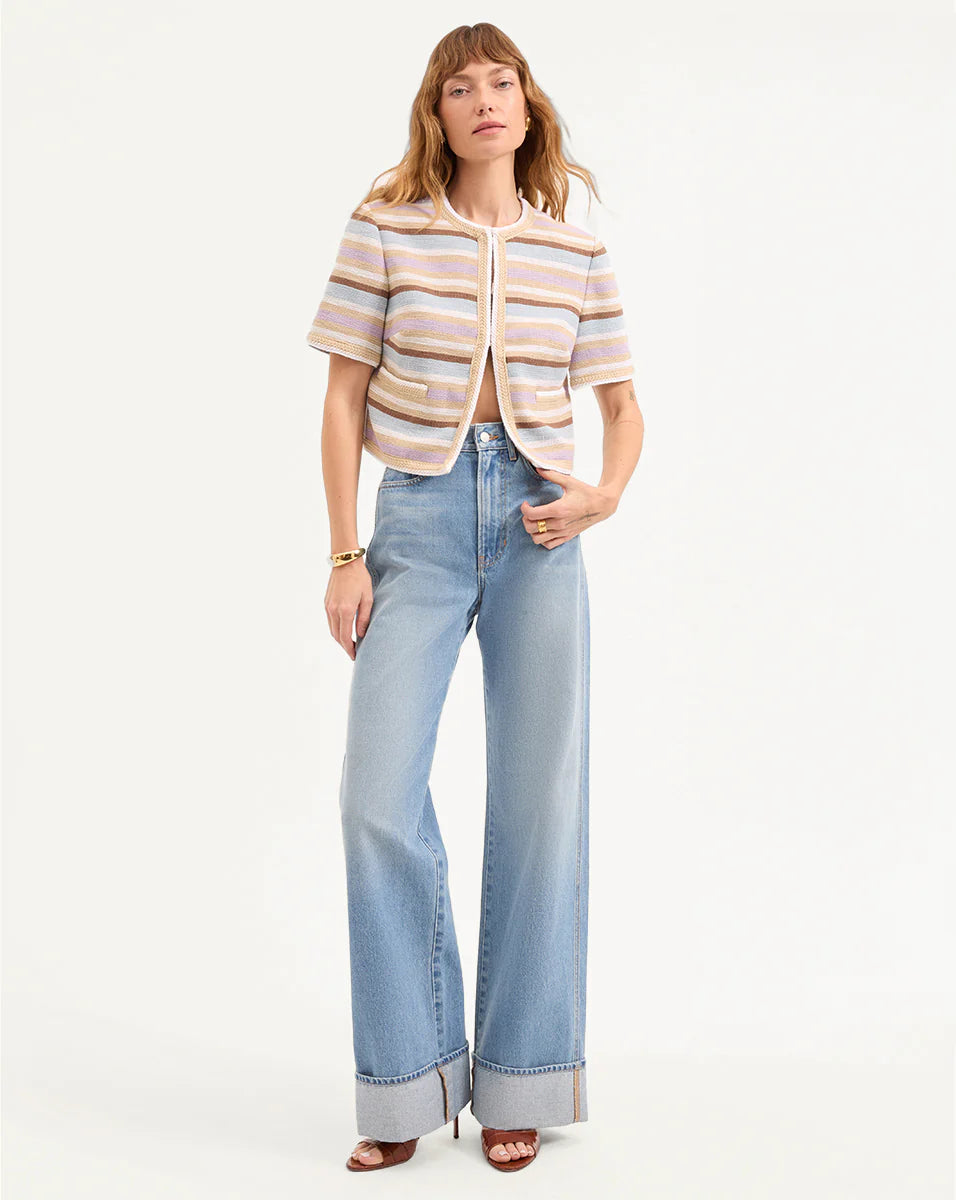 Veronica Beard Wyatt Short-Sleeve Jacket in Stone Khaki Multi