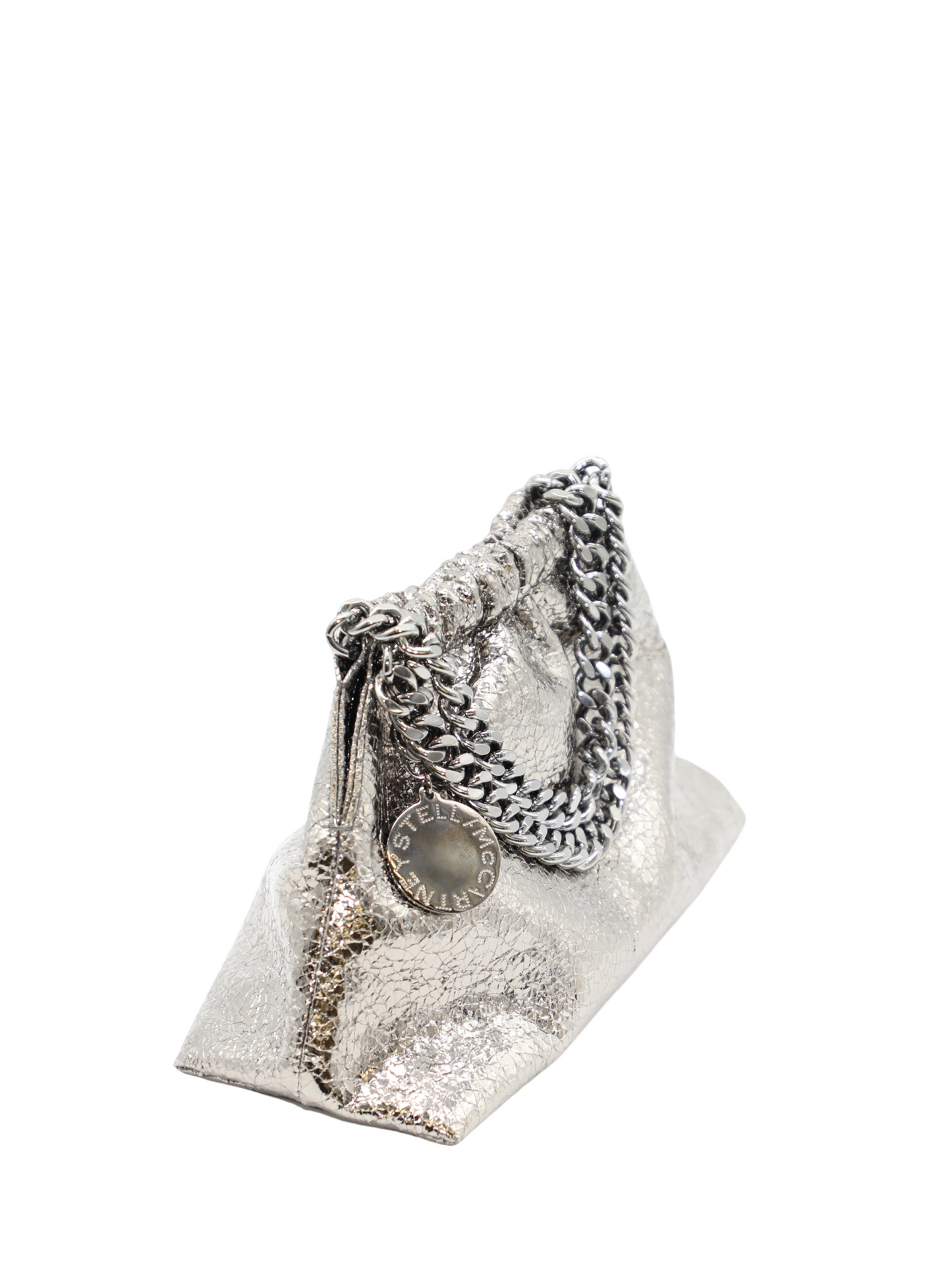 Stella McCartney Falabella Cracked Metallic Drawstring Crossbody Bag in Steel Grey