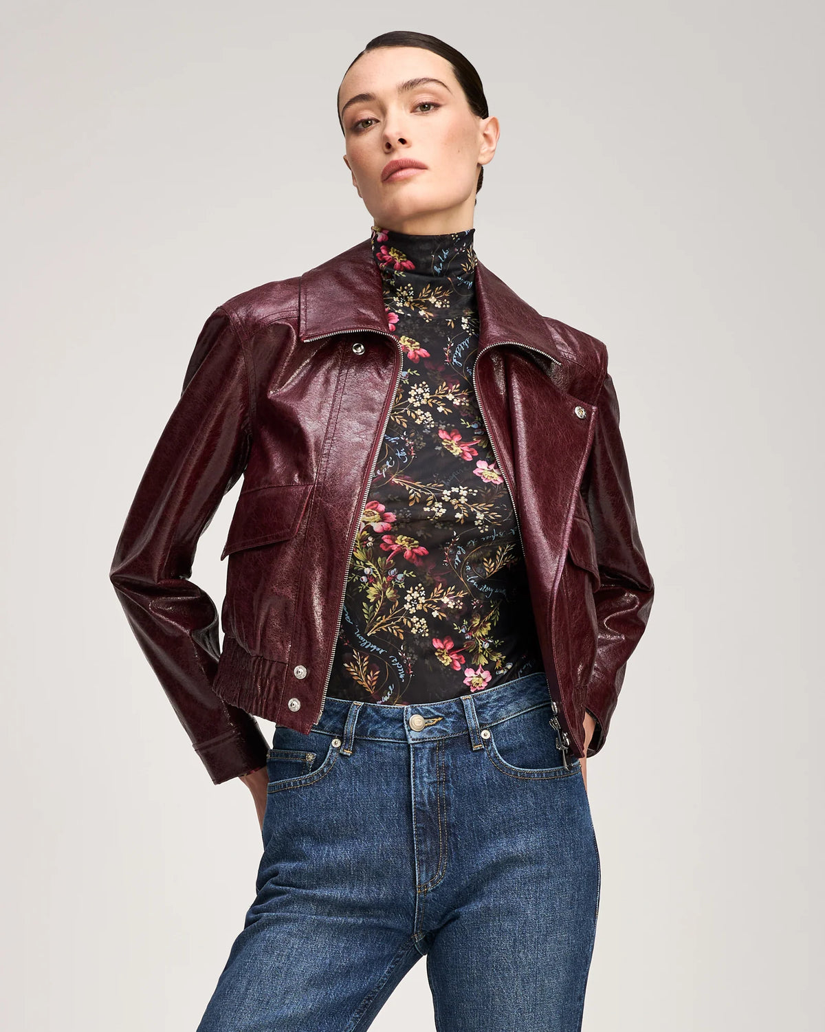 Cinq à Sept Tumbled Vegan Leather Alexander Jacket in Black Cherry