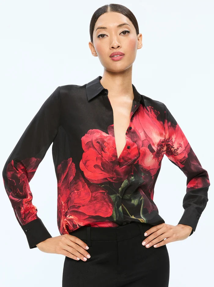 Alice + Olivia Brady Slim Button Down Peony Petals Bright Ruby
