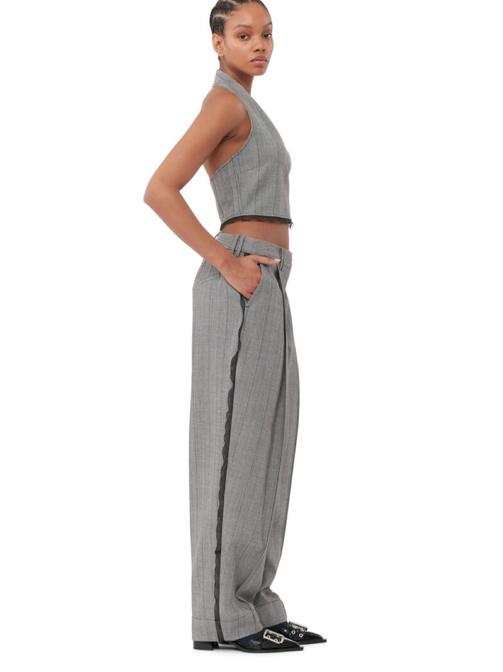 Ganni Herringbone Suiting Pleated Pants