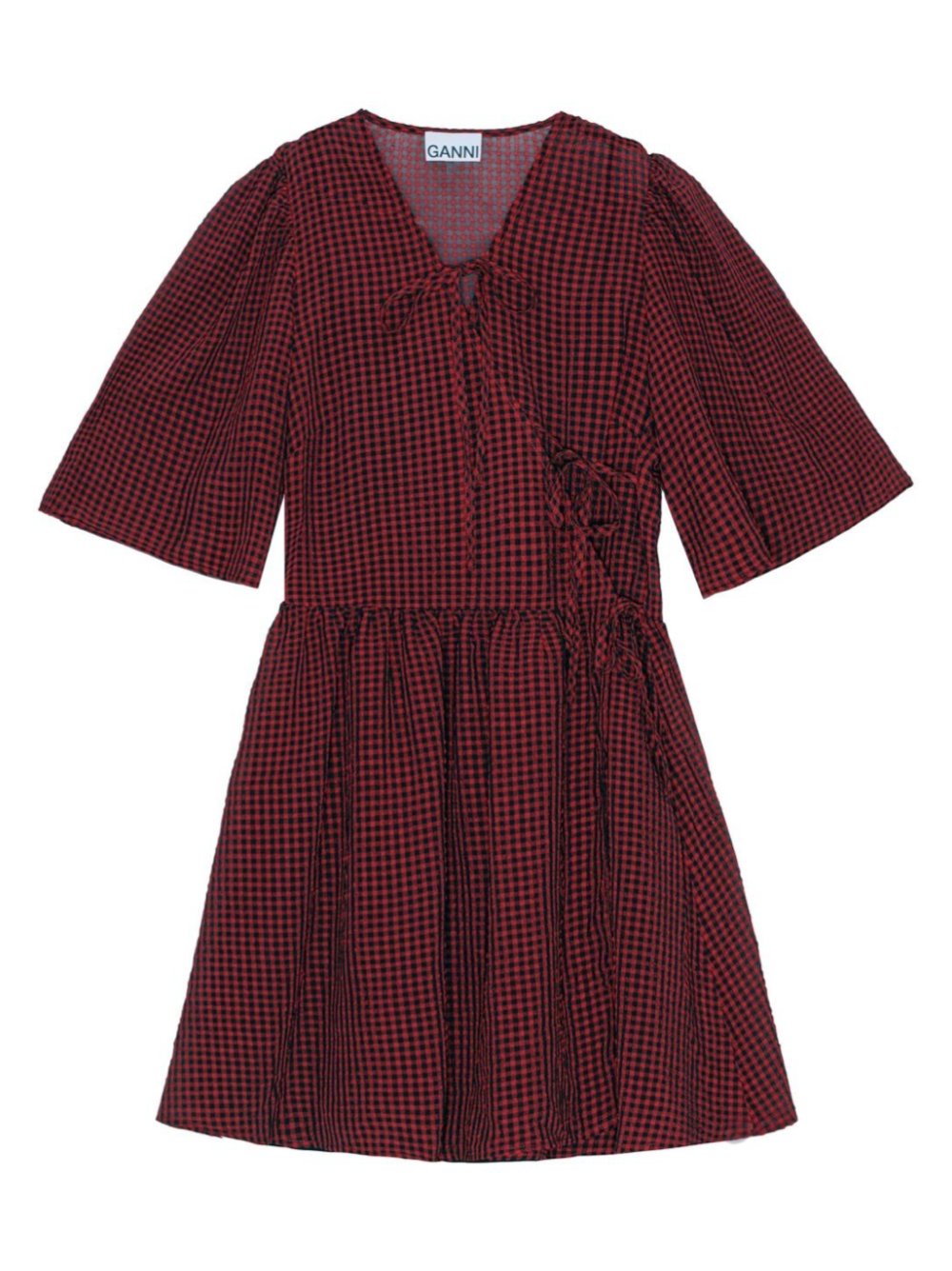 Ganni Sheer Fluid Check Tie String Wrap Dress in Winery