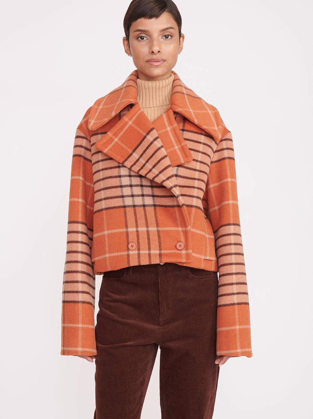 Staud Mini Carver Coat in Persimmon Plaid