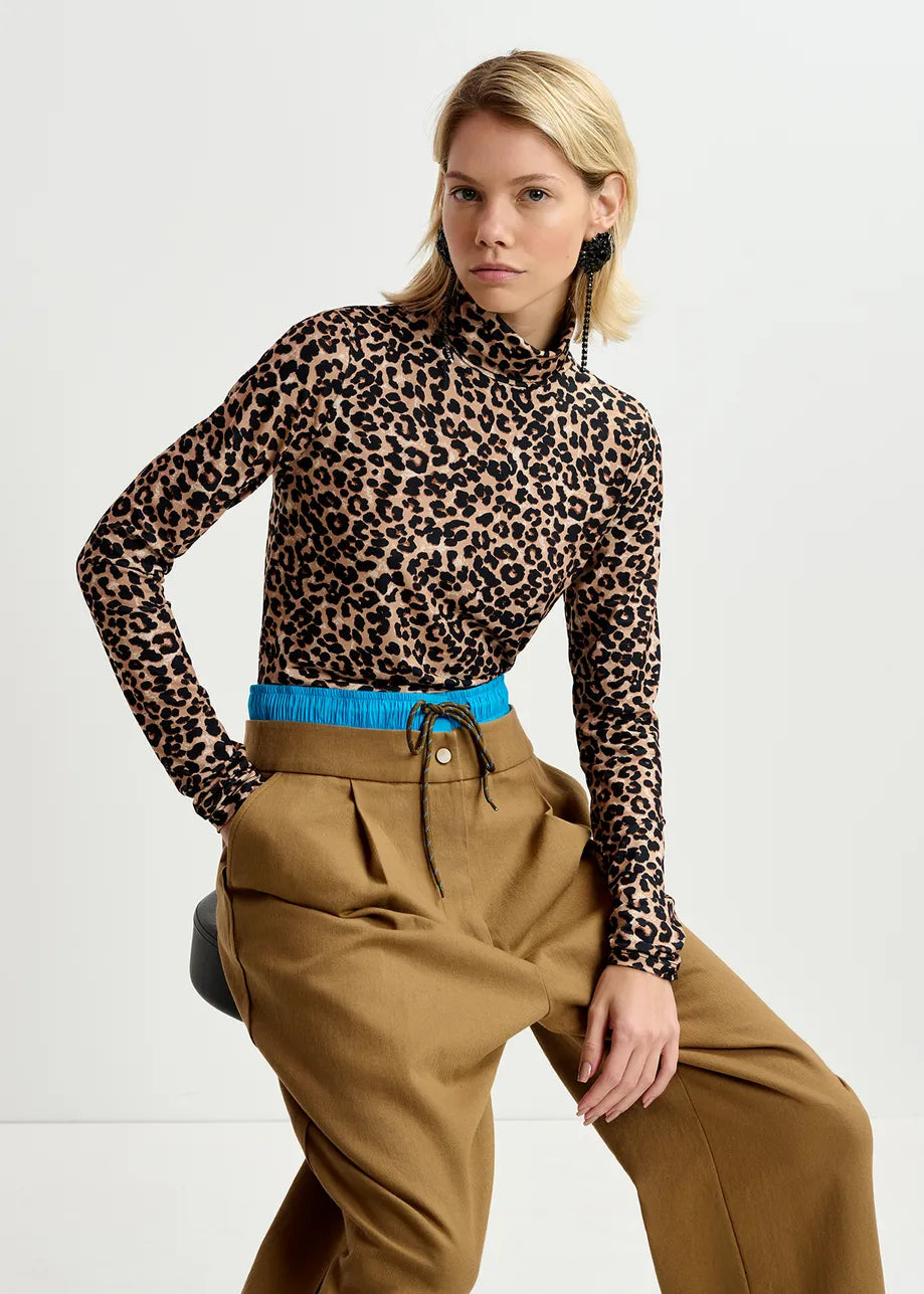 Essentiel Antwerp Brown Leopard-Print Turtleneck Top