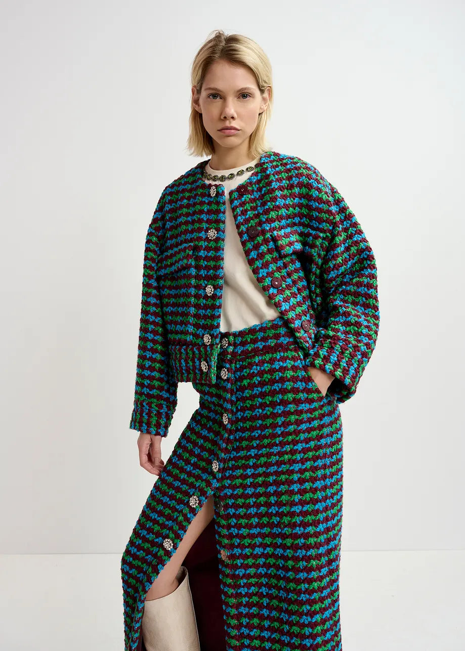 Essentiel Antwerp Burgundy, Blue and Green Wool-Blend Tweed Jacket