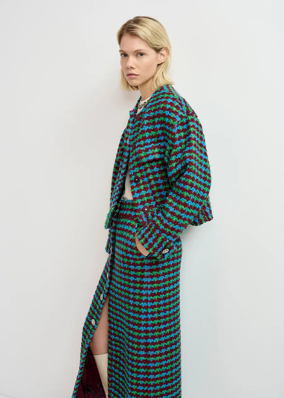 Essentiel Antwerp Burgundy, Blue and Green Wool-Blend Tweed Jacket