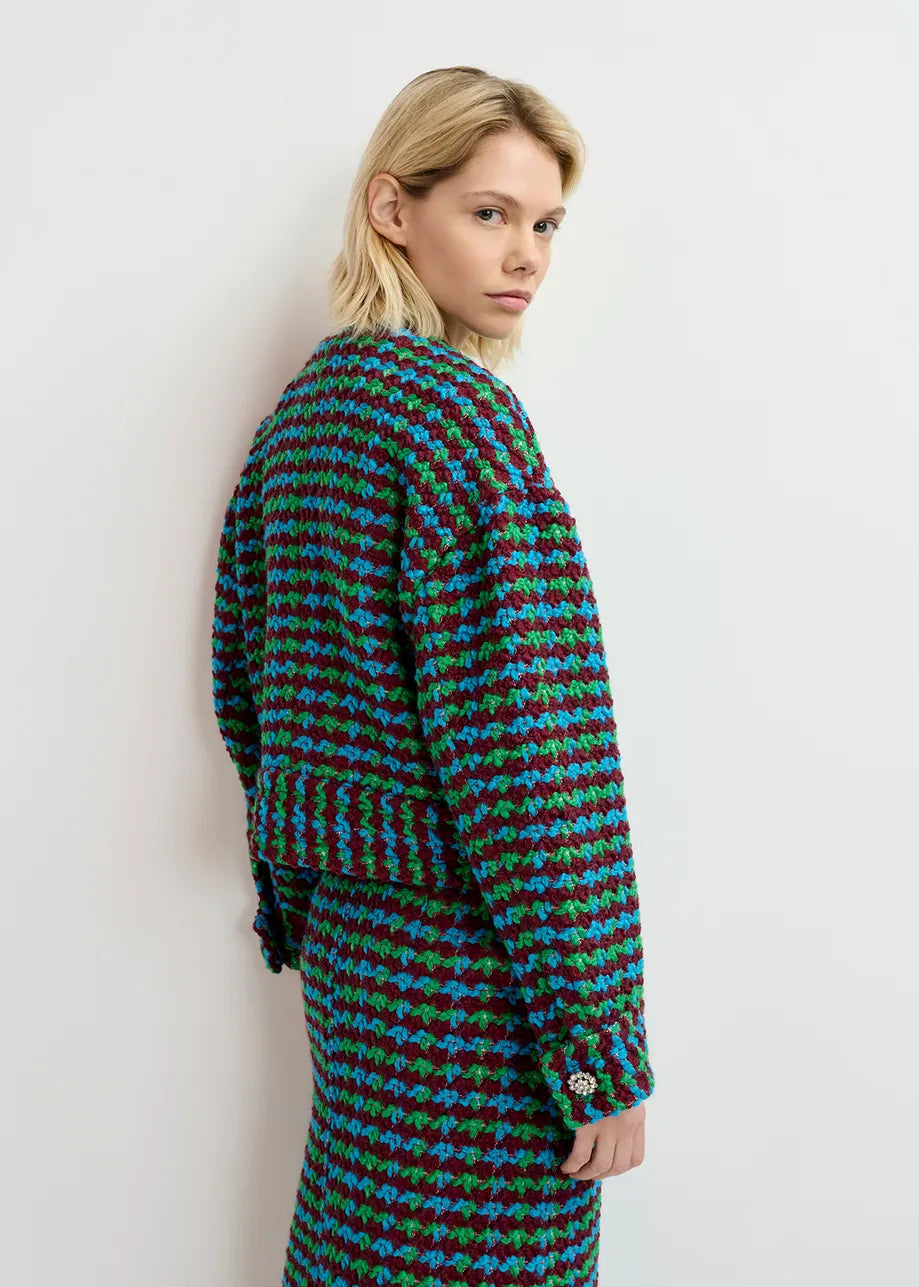 Essentiel Antwerp Burgundy, Blue and Green Wool-Blend Tweed Jacket