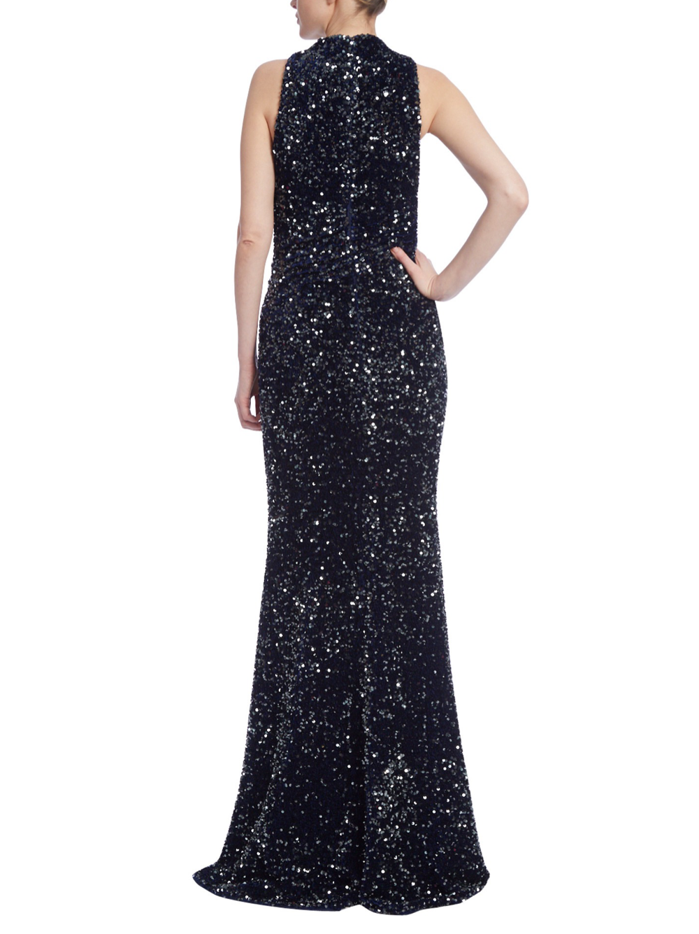 Badgley Mischka Draped Sequin Racer Dress
