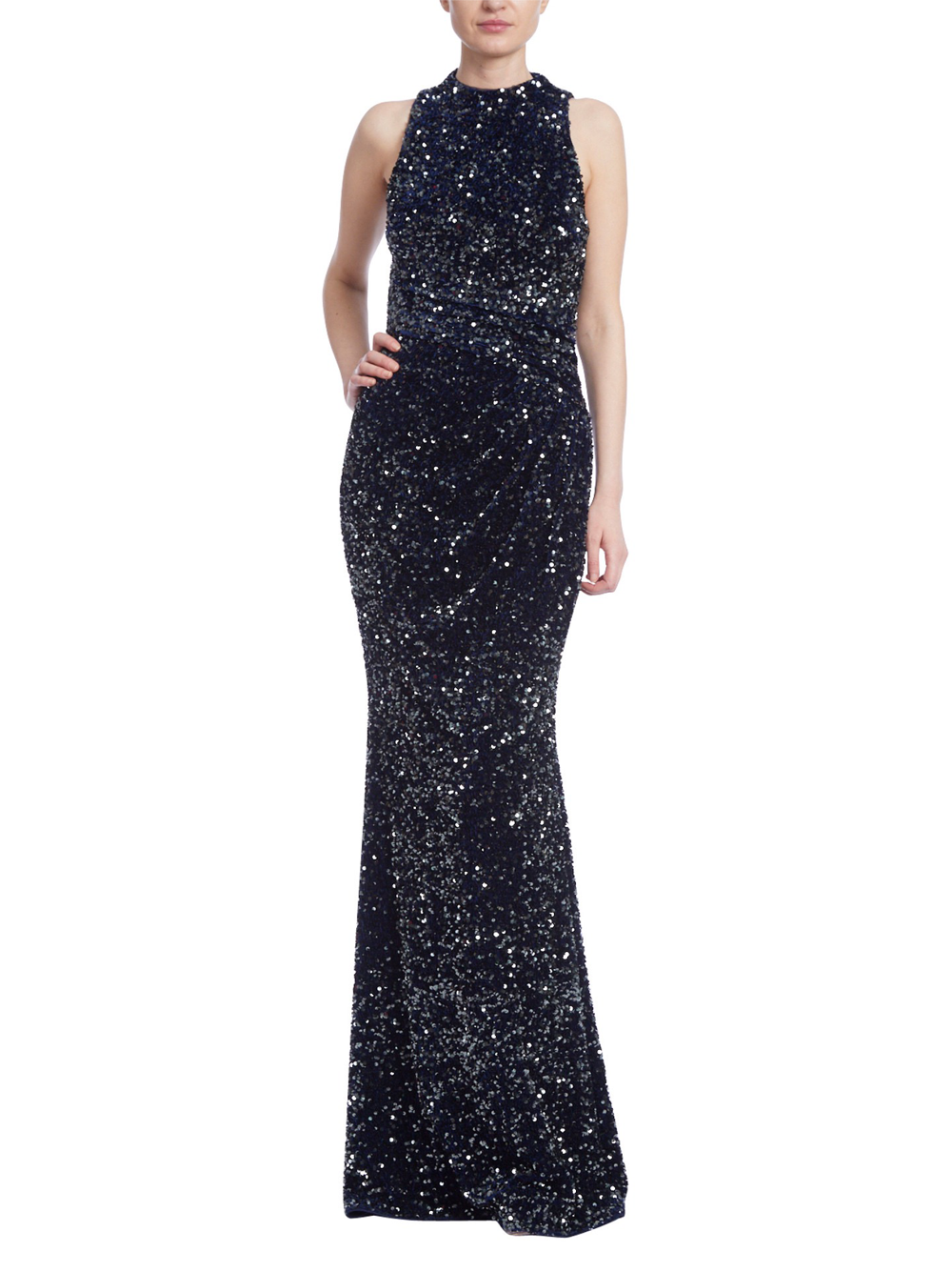 Badgley Mischka Draped Sequin Racer Dress