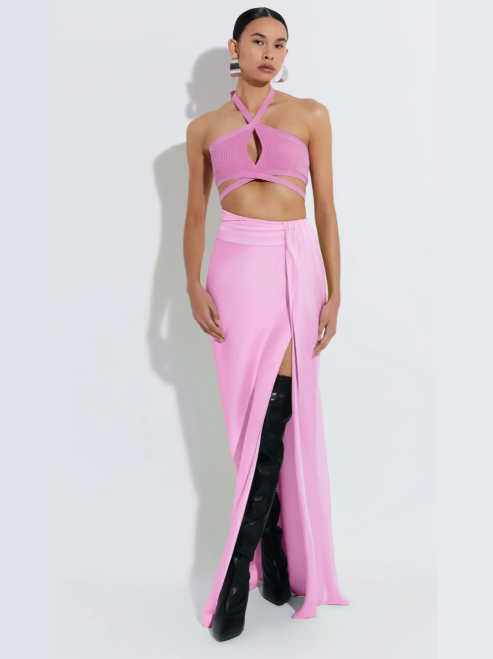LaPointe Satin Asymmetric Waist Maxi Skirt in Hibiscus