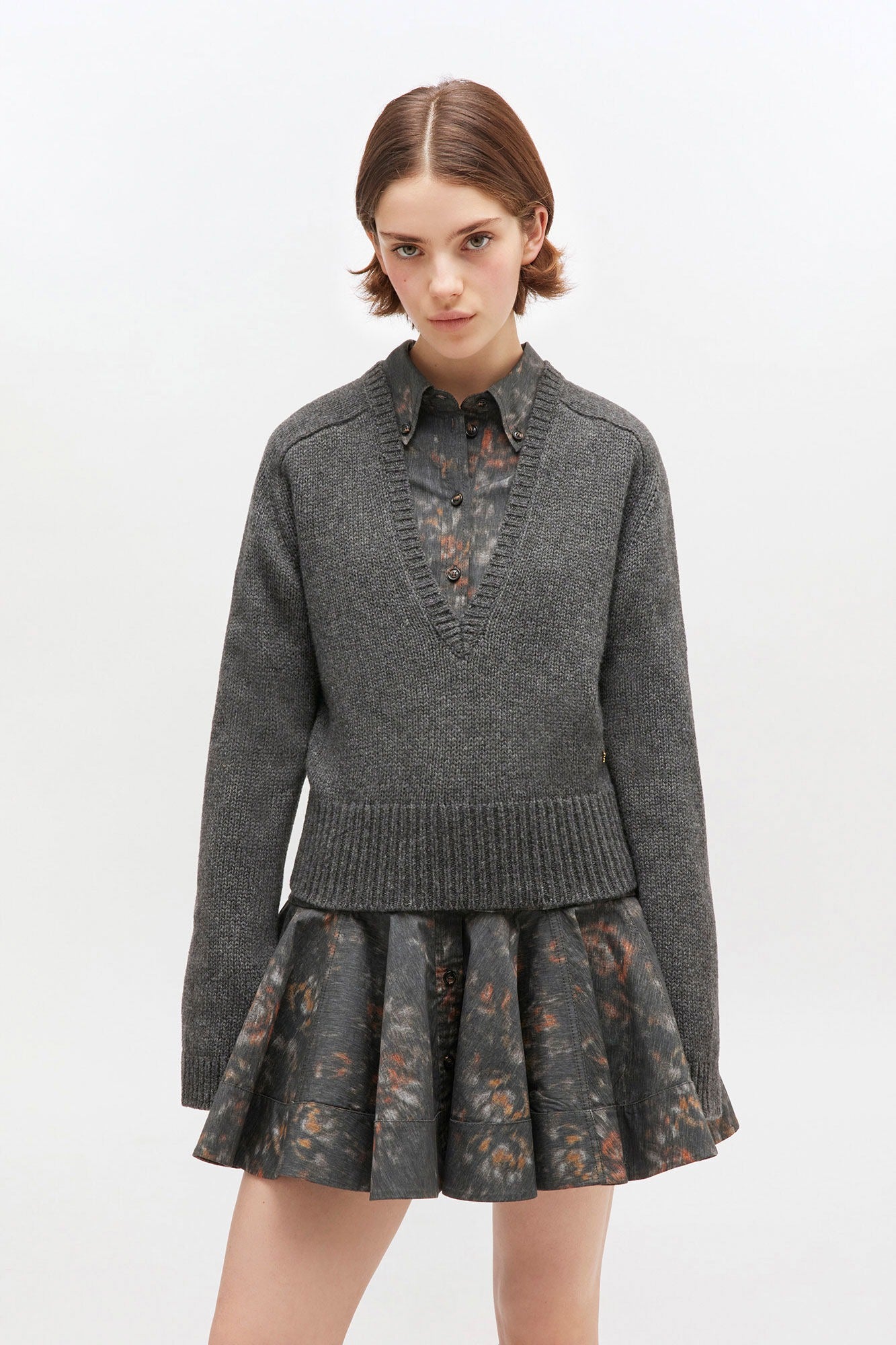 Ganni Wool Yak Mix Deep V-Neck in Phantom
