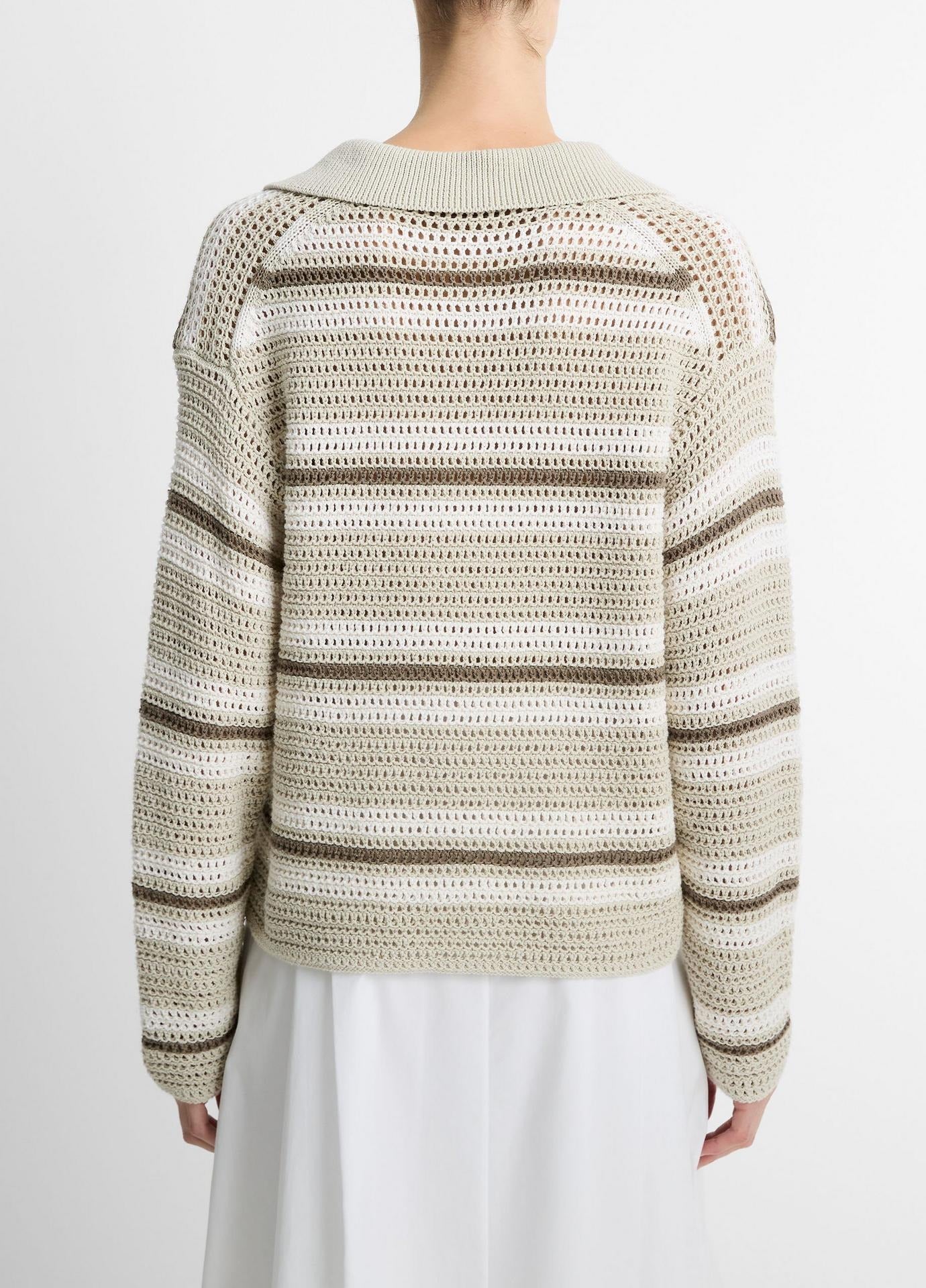 Vince Mesh Stripe Button Polo in White Stone Combo