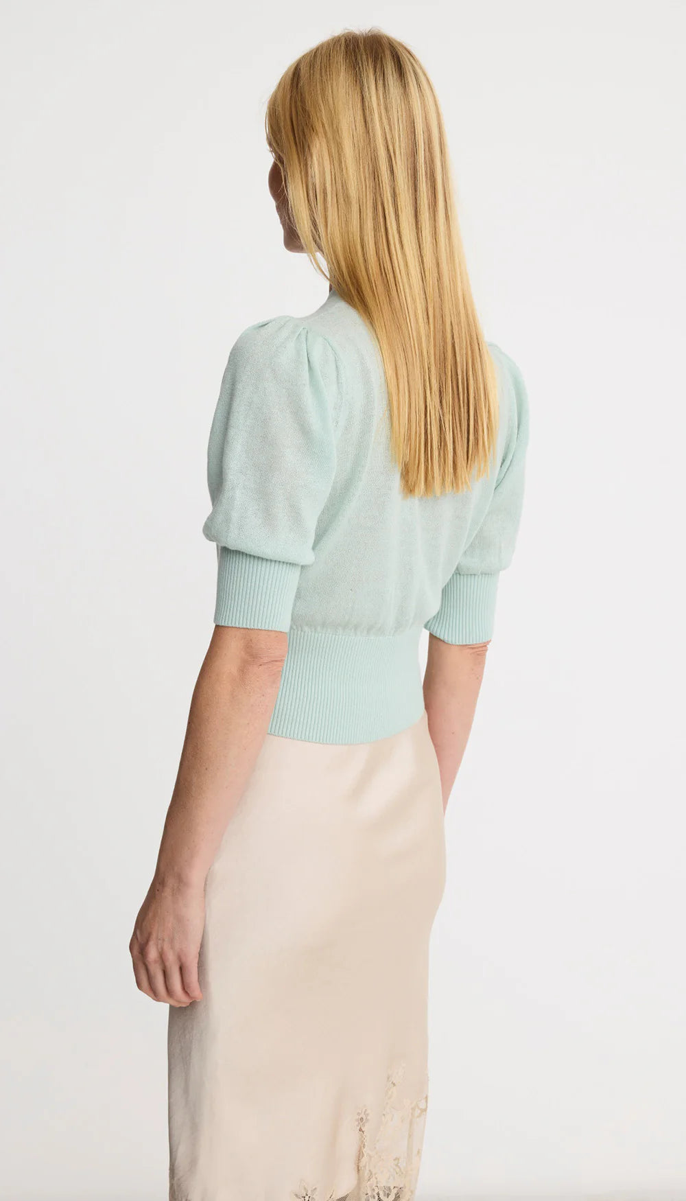 Smythe Cropped Pouf Sleeve Sweater in Aqua