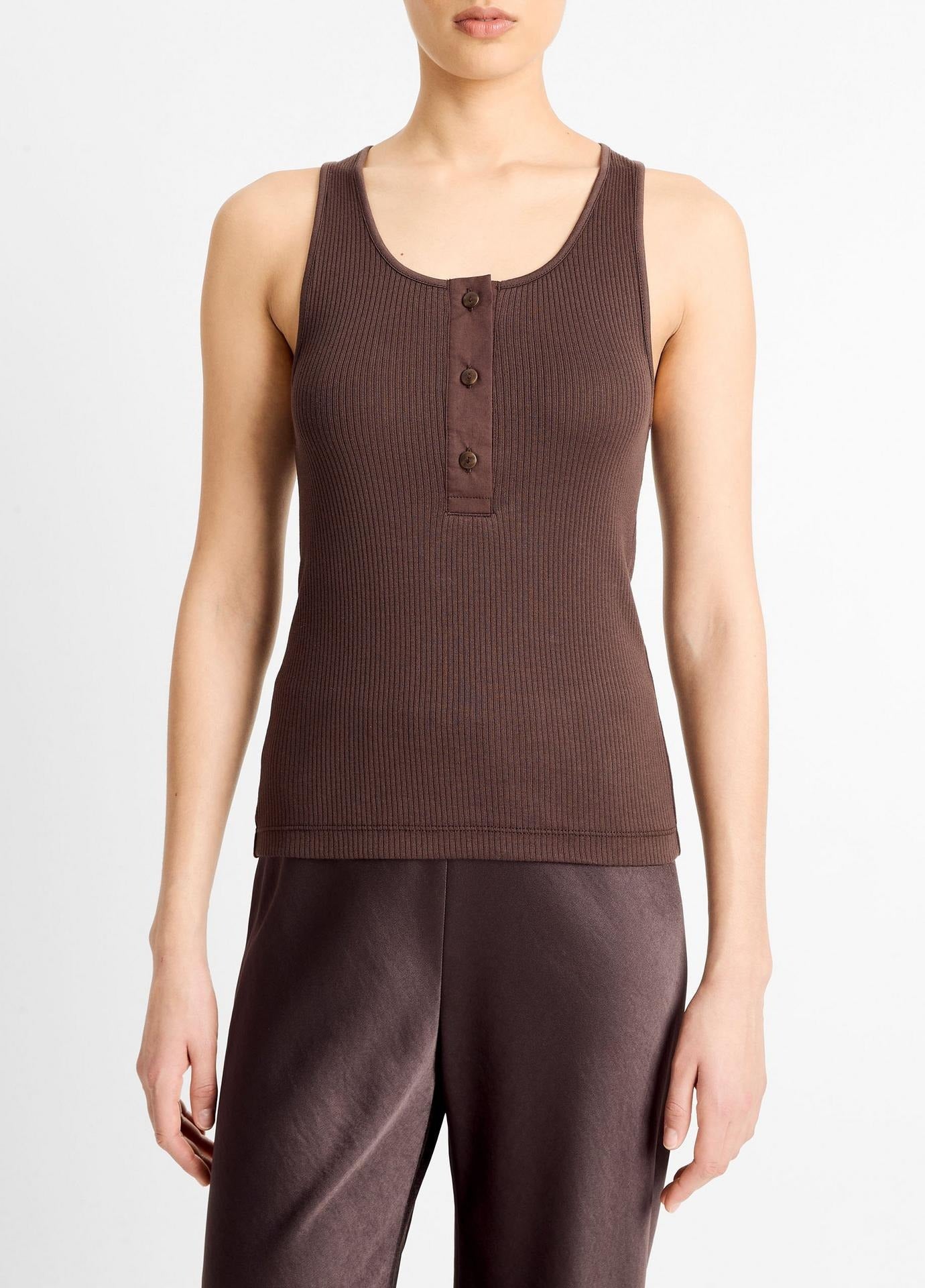 Vince Pima Cotton Henley Tank in Dark Coffee