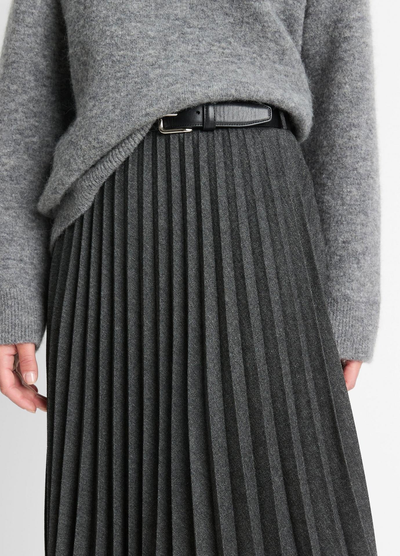 Vince Mid Rise Pleated Herringbone Midi Skirt in Charcoal