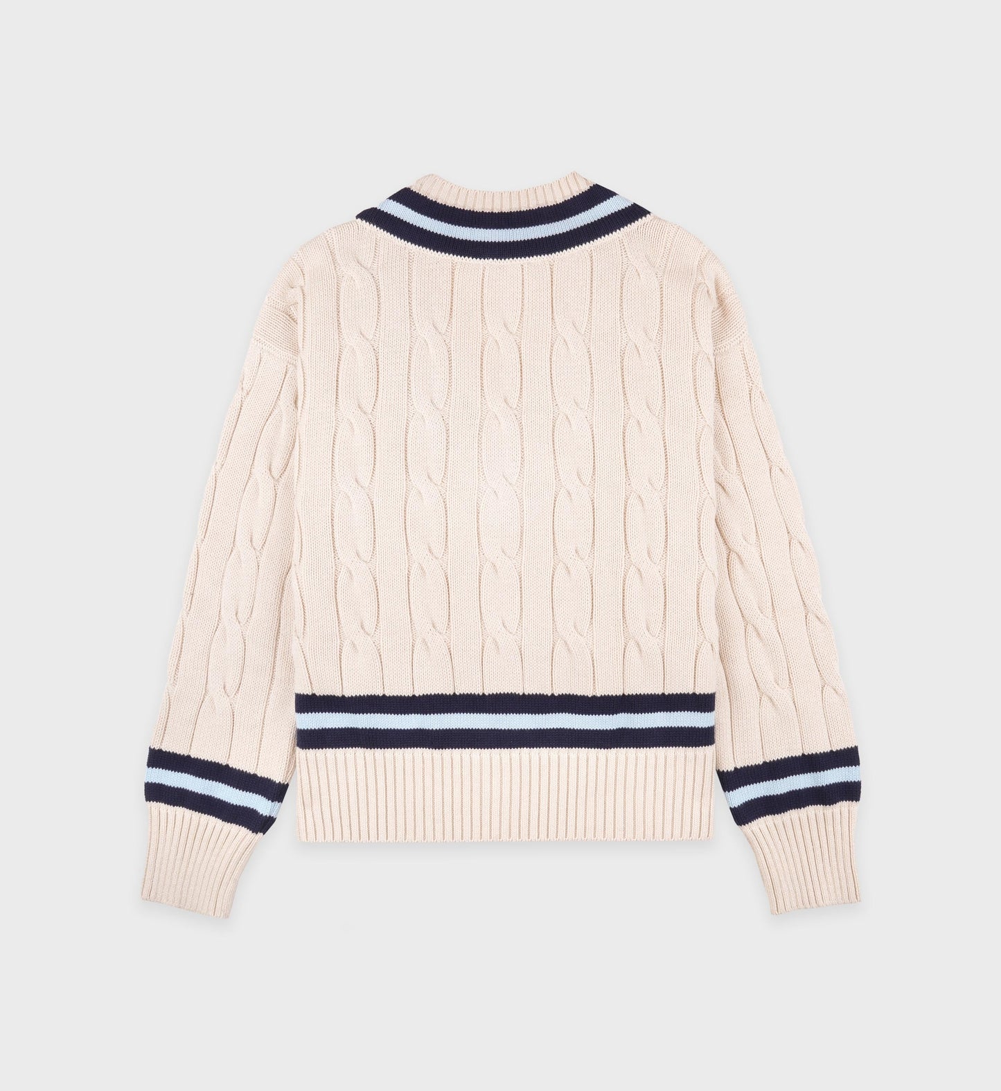 Sporty & Rich SRC Cableknit V-Neck Sweater in Ecru/Dark Navy/Ciel