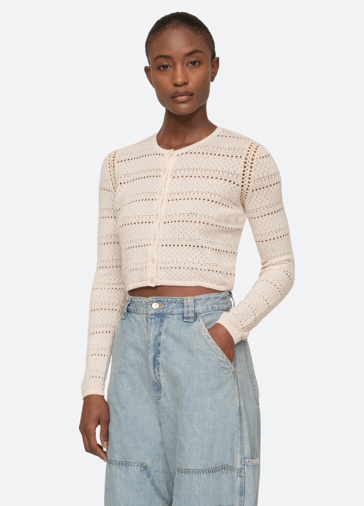 Sea Syble Pointelle Cropped Cardigan in Cream
