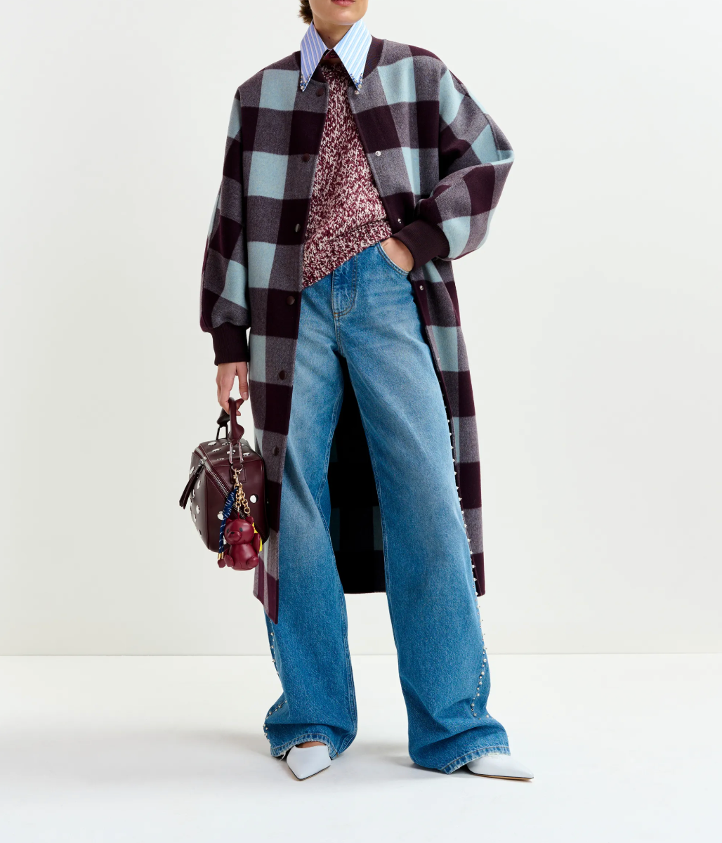 Essentiel Antwerp Ifit Deep Burgundy and Blue Wool Check Coat