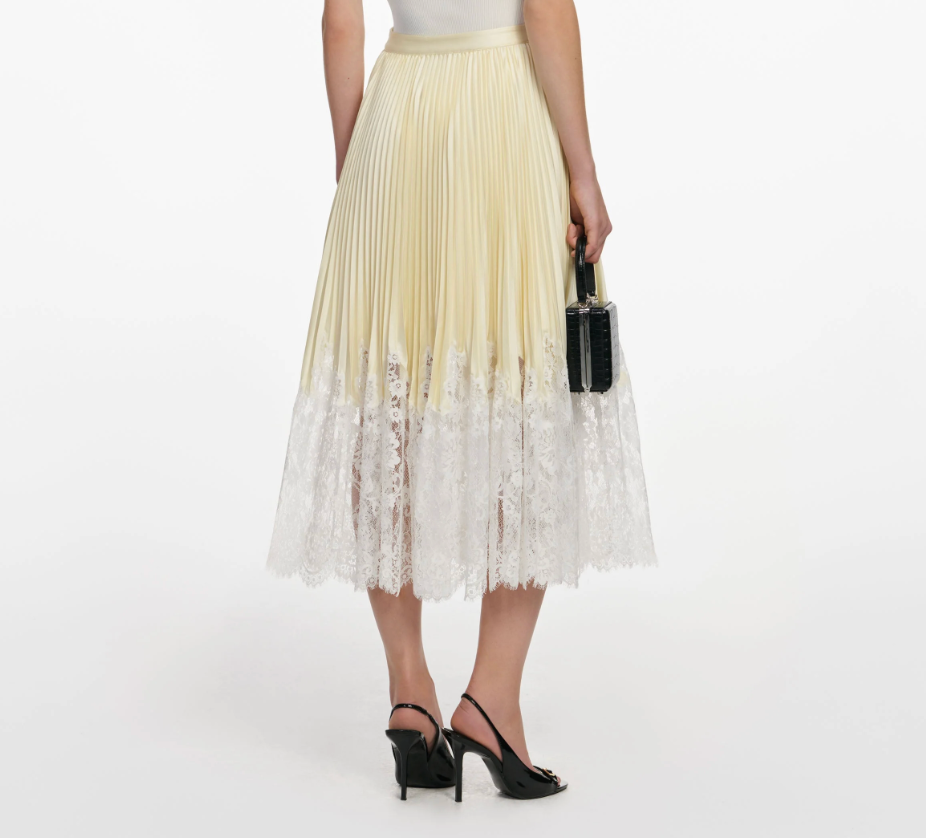 Self-Portrait Satin Lace Midi Skirt in Yellow