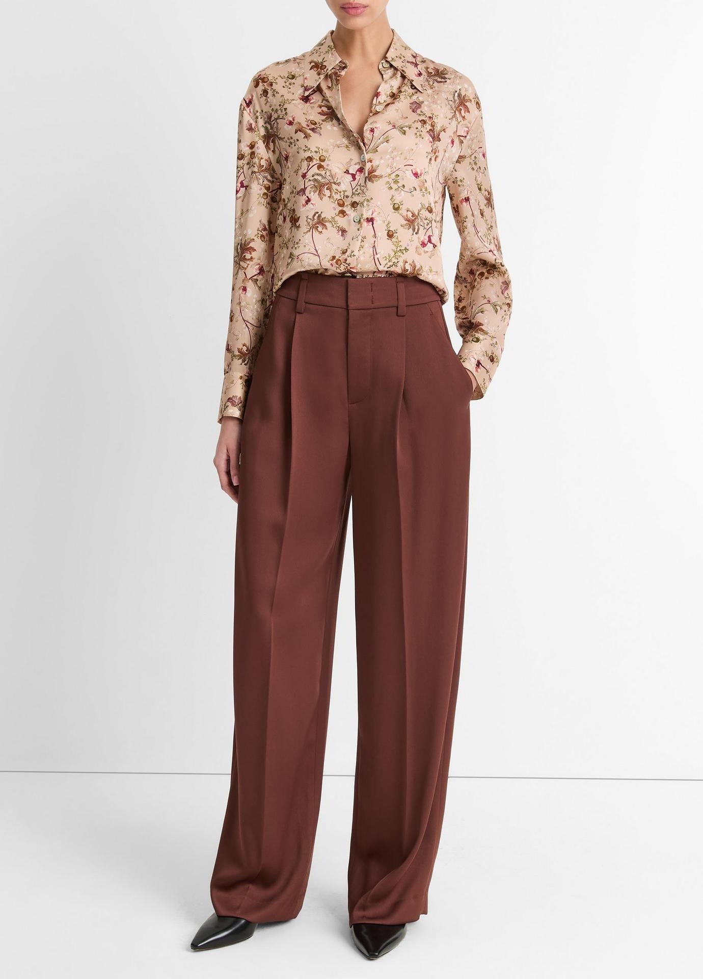 Vince Silk Orchid Vine Bias Long-Sleeve Blouse in Pale Camel