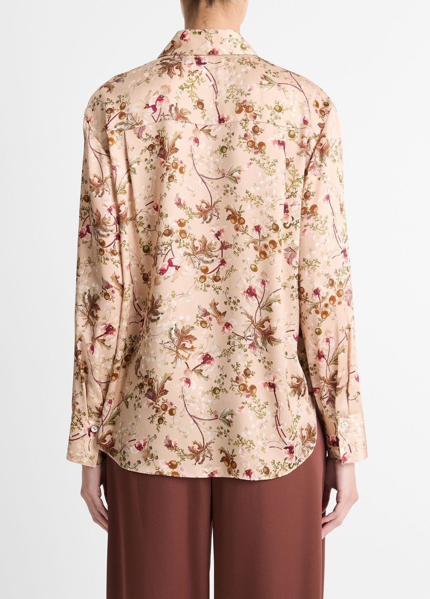 Vince Silk Orchid Vine Bias Long-Sleeve Blouse in Pale Camel