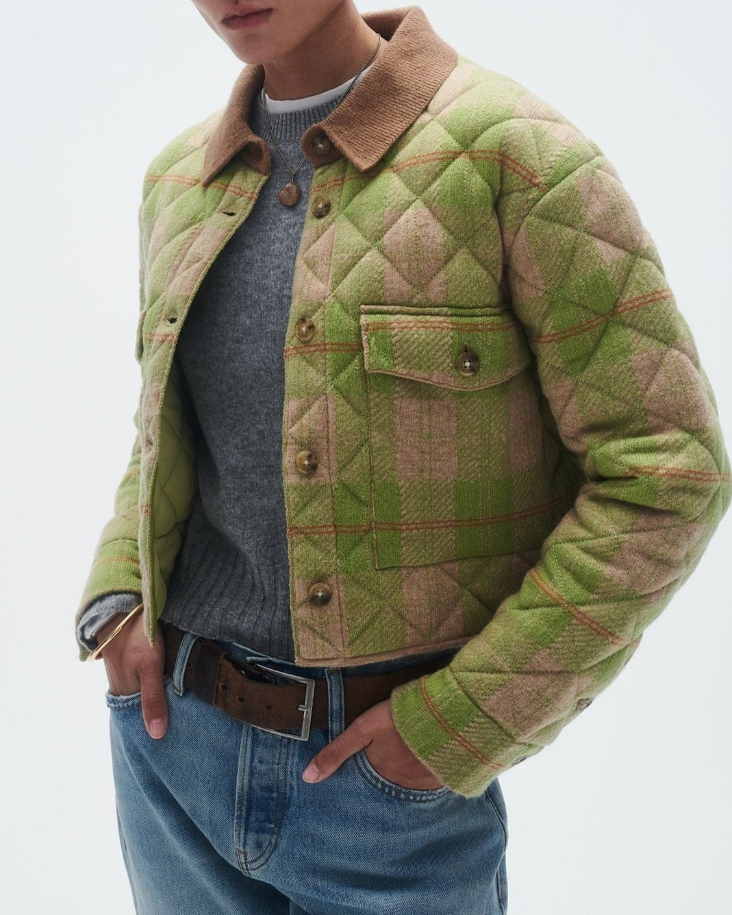 Guest in Residence Tartan Cropped Jacket in Matcha Combo