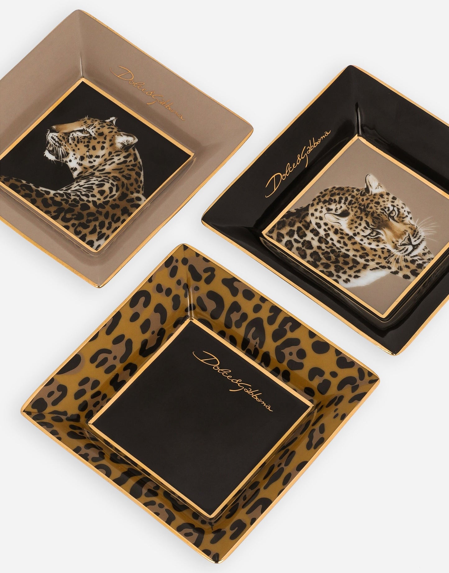 Dolce & Gabbana Casa Set of 3 Porcelain Trinket Trays in Leopard