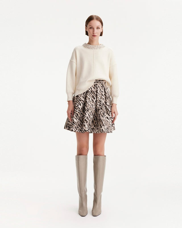 THEO Tyche Jacquard Short Pleated Skirt in Leopard
