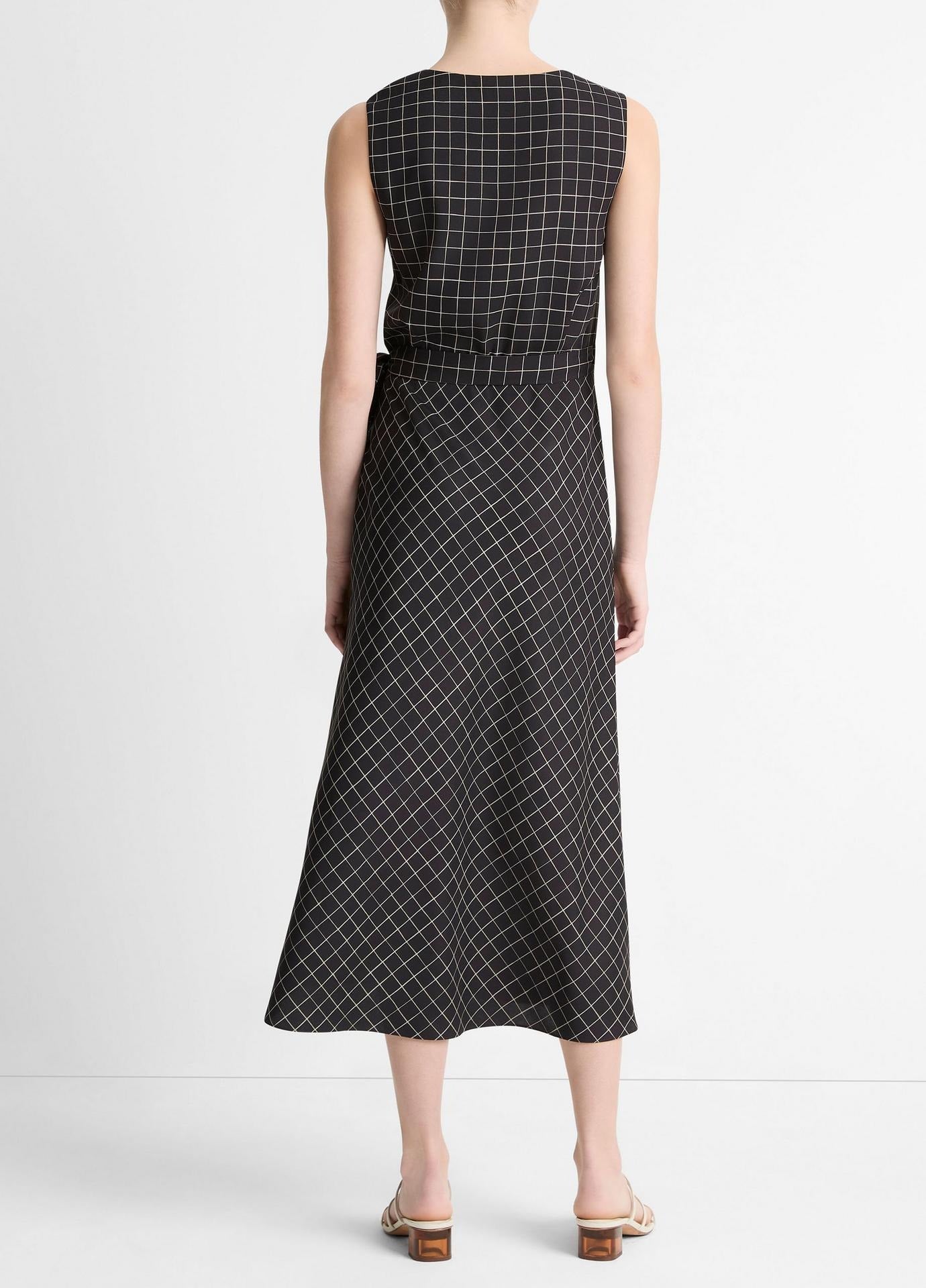Vince Trellis Plaid Sleeveless Drape Wrap Dress in Black/Cream
