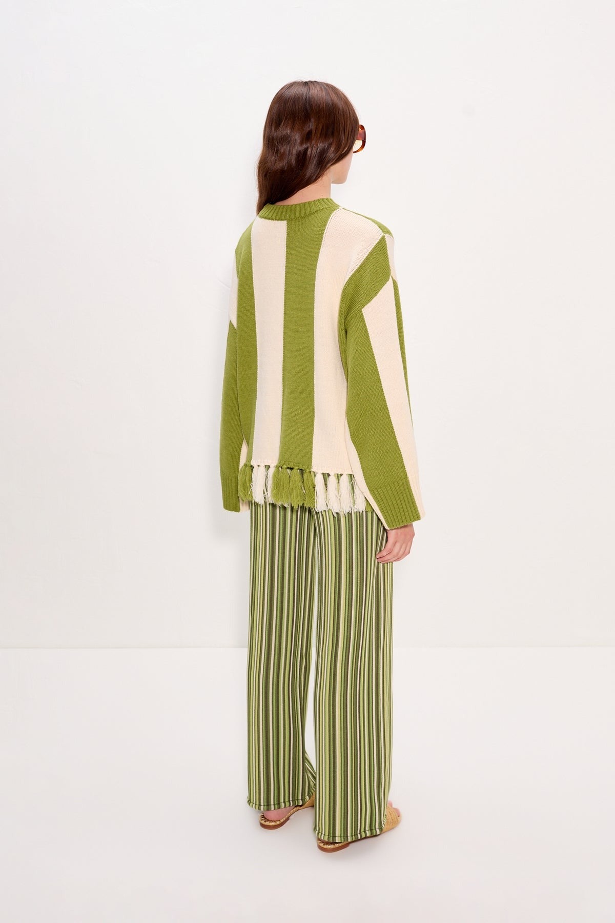 Simon Miller Faye Tassel Sweater in Moss Green/Cream