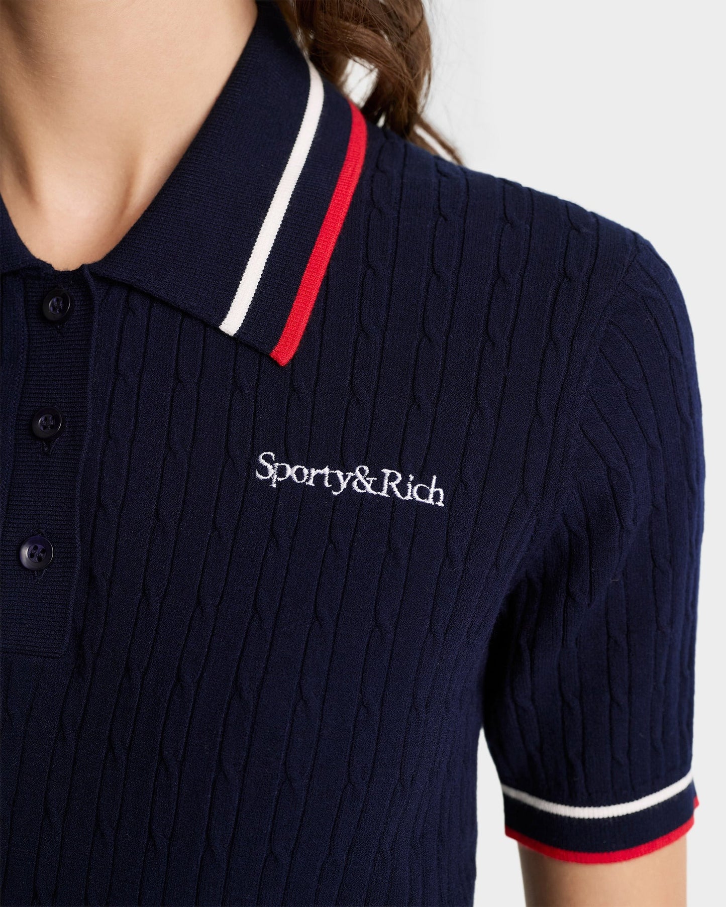 Sporty & Rich Serif Logo Mini Cable Polo in Dark Navy/White/Ruby