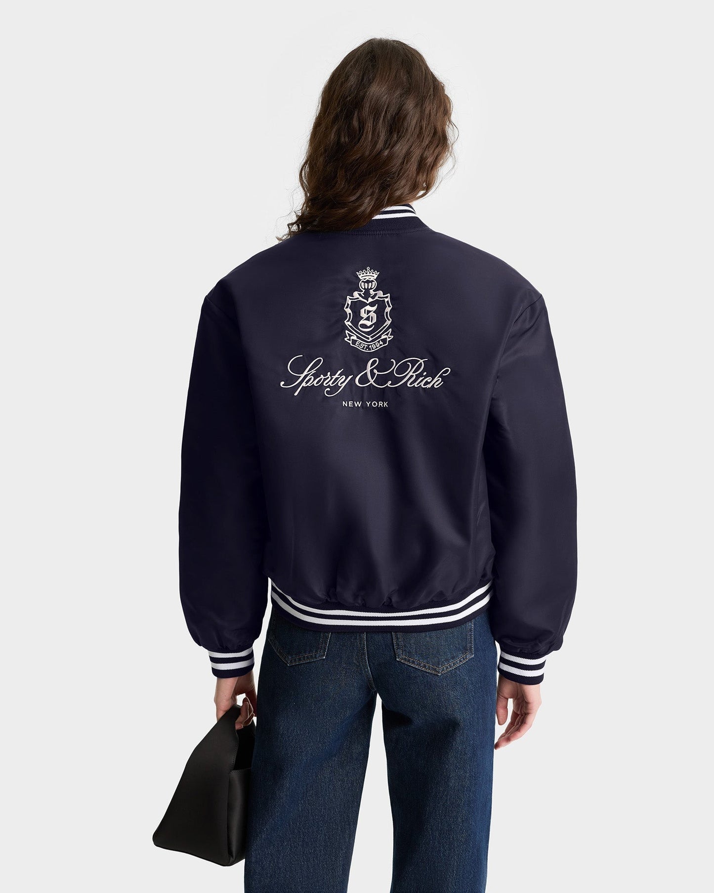 Sporty & Rich Vendome Nylon Varsity Jacket in Dark Navy