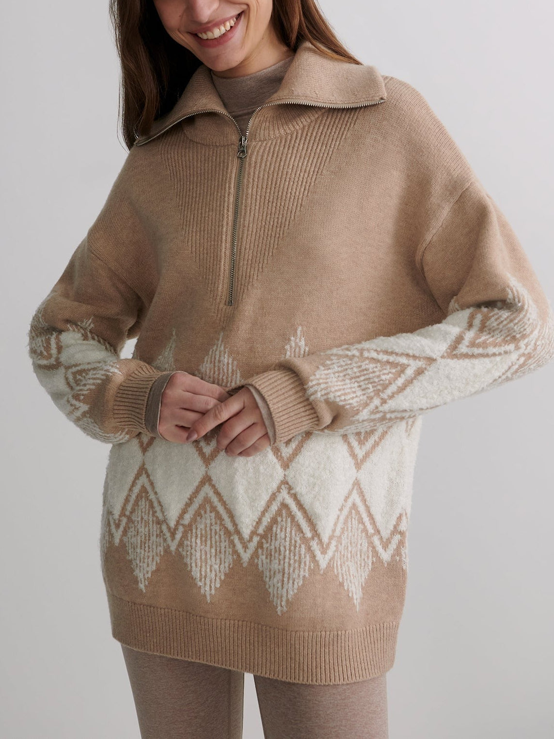 Varley Betty Jacquard Half Zip in Light Taupe