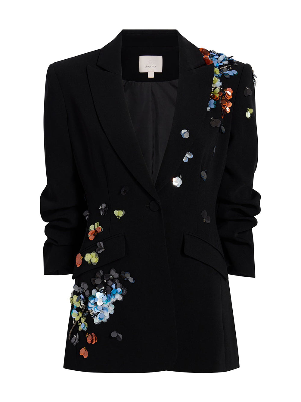 Cinq à Sept Sequin Flower Scrunched Cheyenne Blazer in Black/Multi