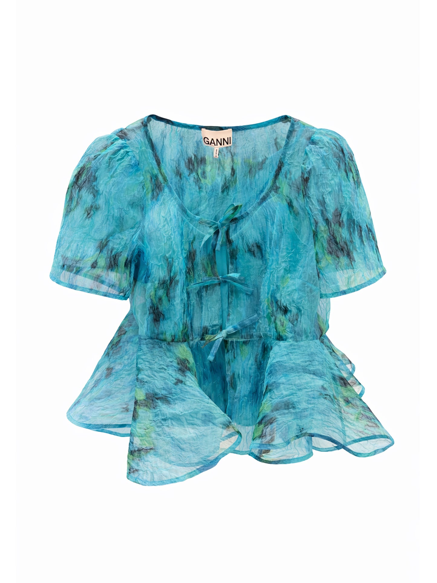 Printed Shibori Organza Sun Cut Peplum Blouse
