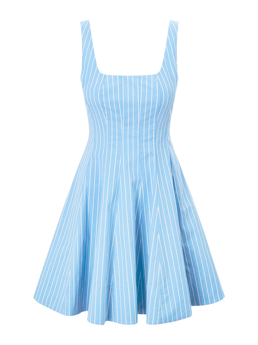 Staud Mini Wells Dress in Azure Pinstripe