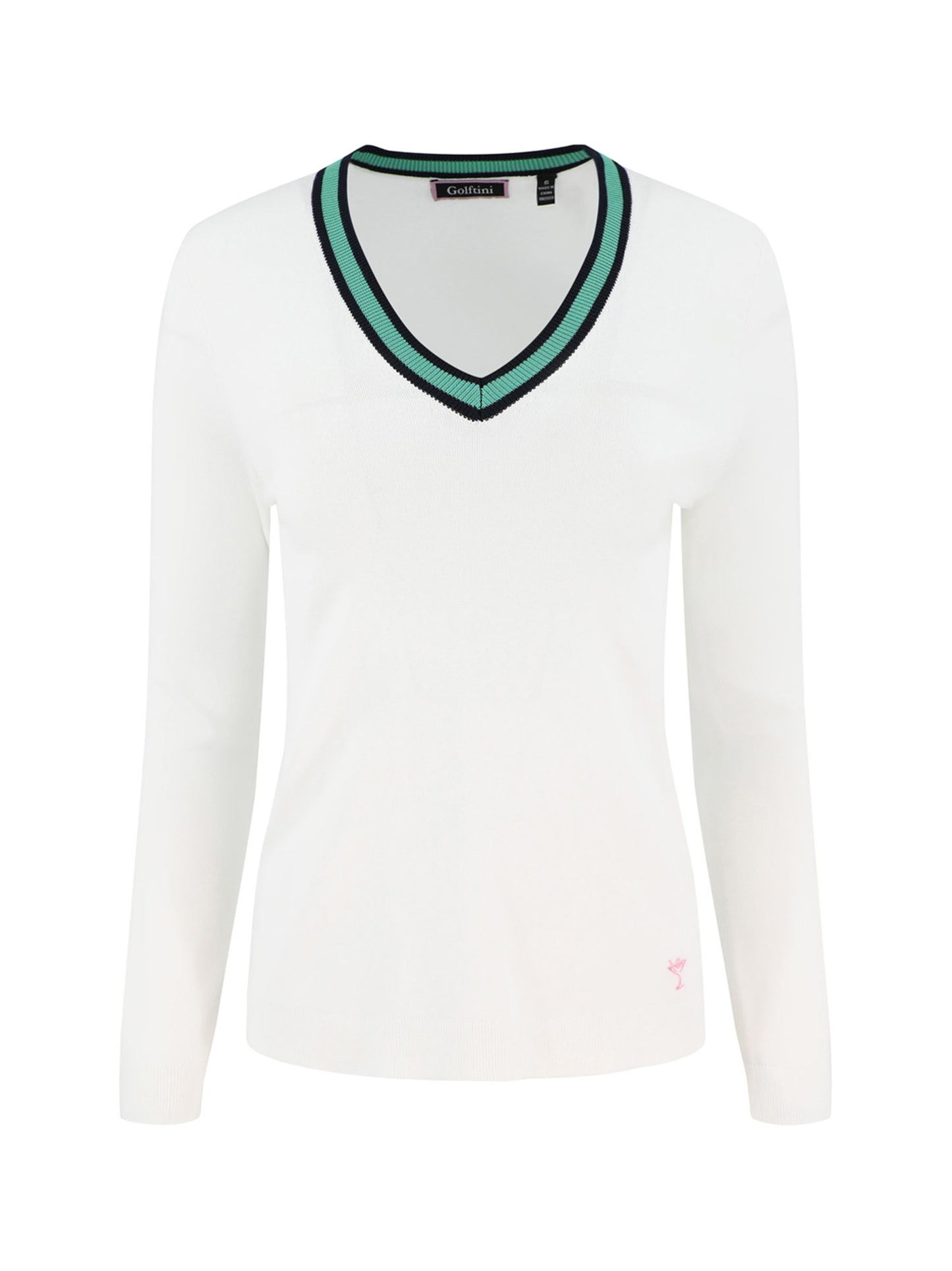Golfini Stretch V-Neck Sweater in White/Kelly Green