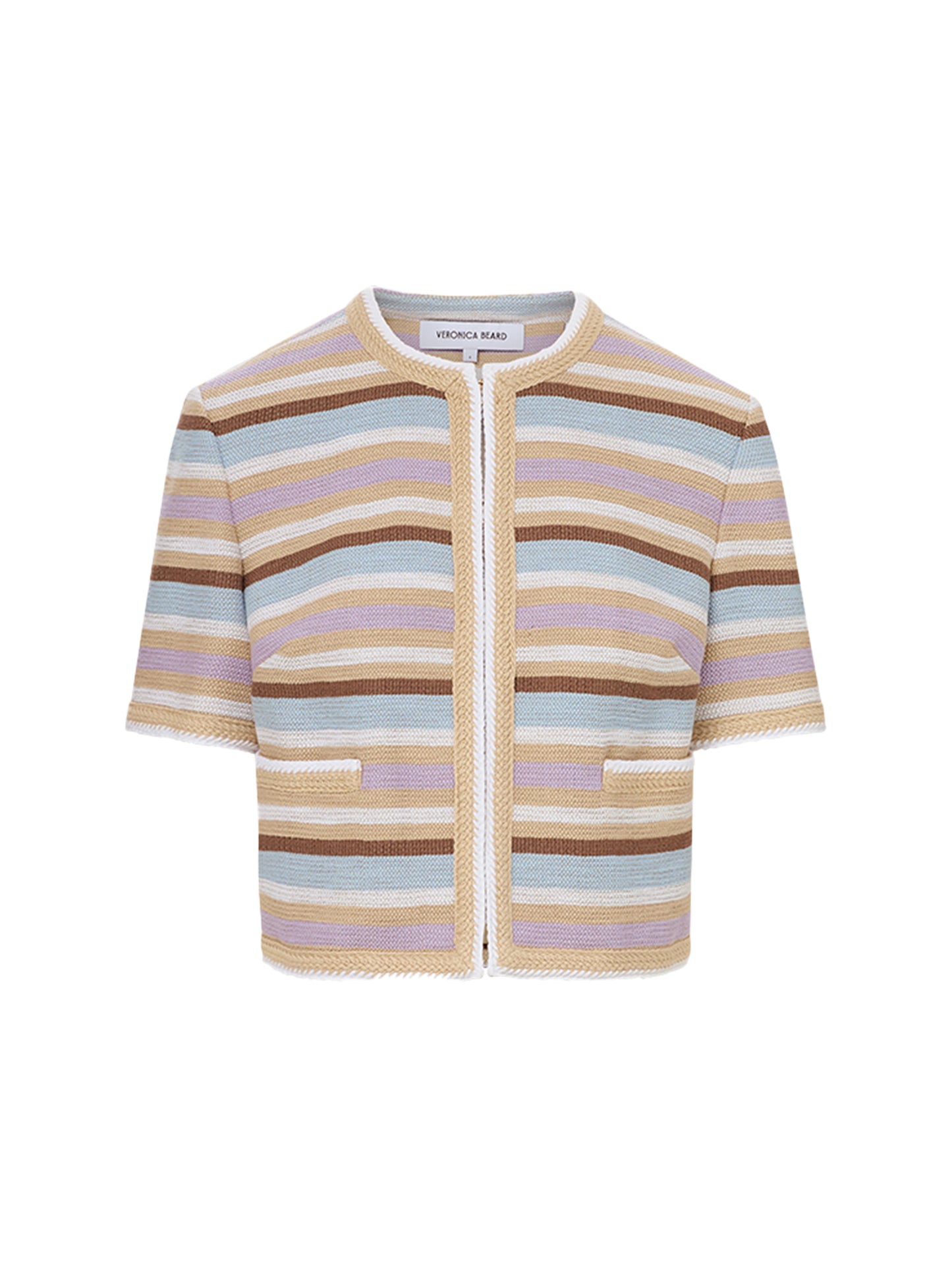 Veronica Beard Wyatt Short-Sleeve Jacket in Stone Khaki Multi