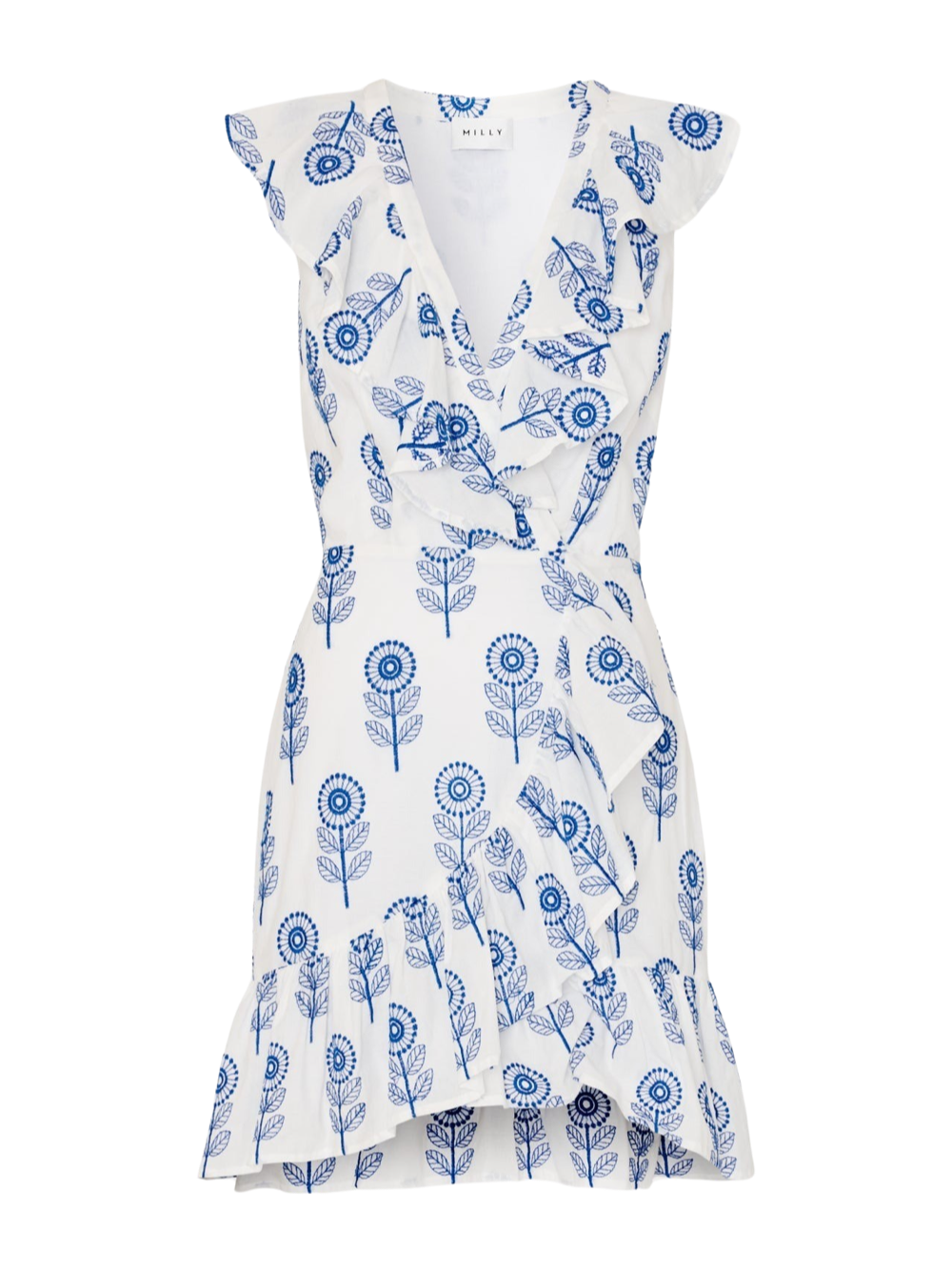 Milly Novi Poppy Embroidery Wrap Dress in White/Blue