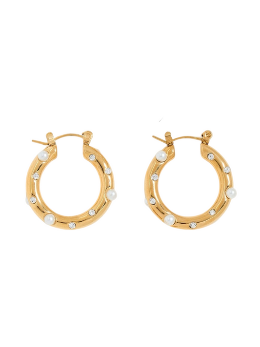 Kenneth Jay Lane 1" Gold Hoop With Pearl/Crystal Dots Earrings