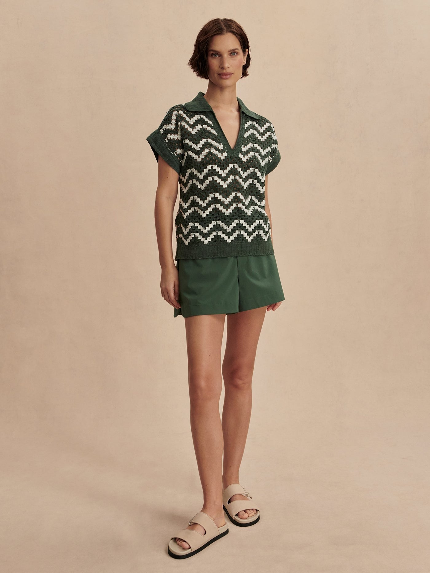 Varley Joelle Crochet Polo Top in Cilantro
