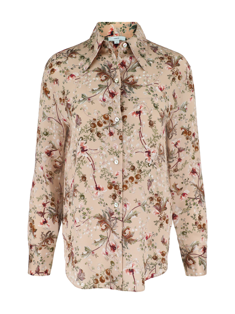 Vince Silk Orchid Vine Bias Long-Sleeve Blouse in Pale Camel