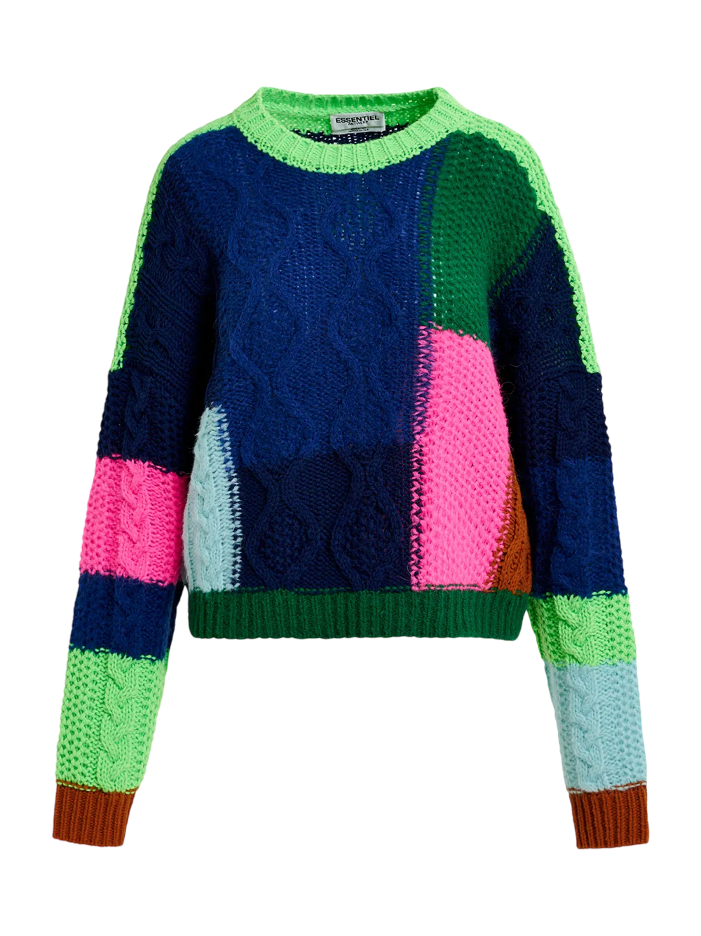 Essentiel Antwerp Girlcrush Patchwork Knit Pull in Green / Navy blue / Neon pink