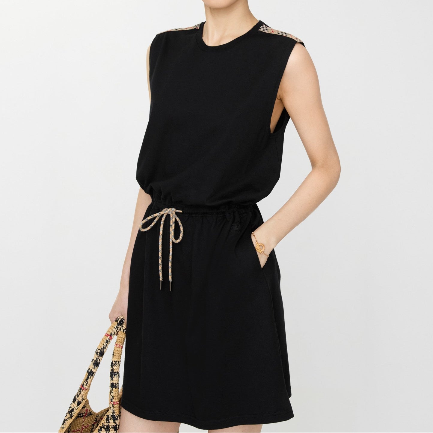 Burberry Check Trim Cotton Jersey Dress in Black