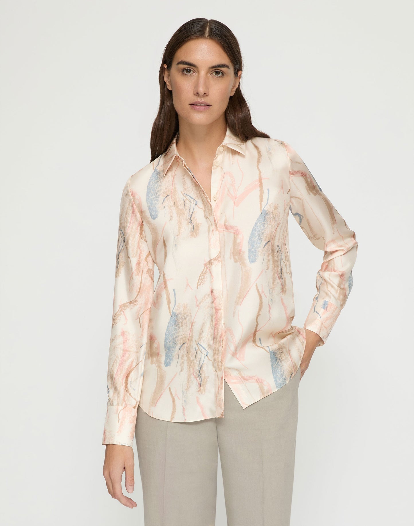 Lafayette 148 Gesture Print Silk Twill Button Blouse in Raffia Multi